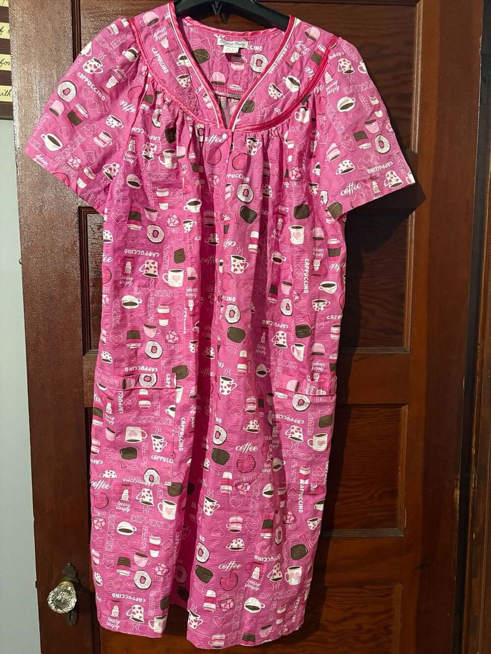 Elegant Emily Women's Pink Coffee and Donut Print Duster Nightgown